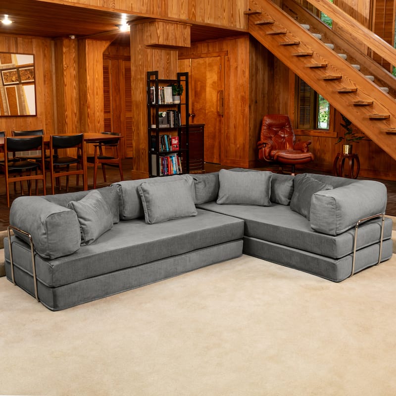 Jaxx Unsofa Modular Convertible Sectional Sofa with Fold Out King Sleeper Bed - L-Shaped Sectional. - Performance Microvelvet Elephant Dark Grey