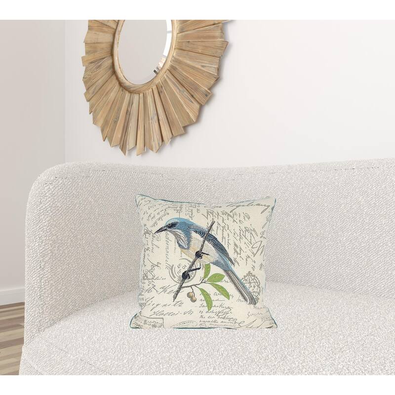 18"x18" Beige and Aqua Bird Linen Blend Bird Print Zippered Pillow