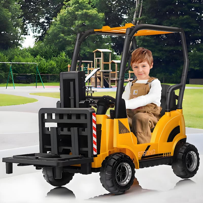 12V Ride-On Forklift for Kids, Electric Construction Car with Remote Control, Liftable Fork and Pallet - Yellow