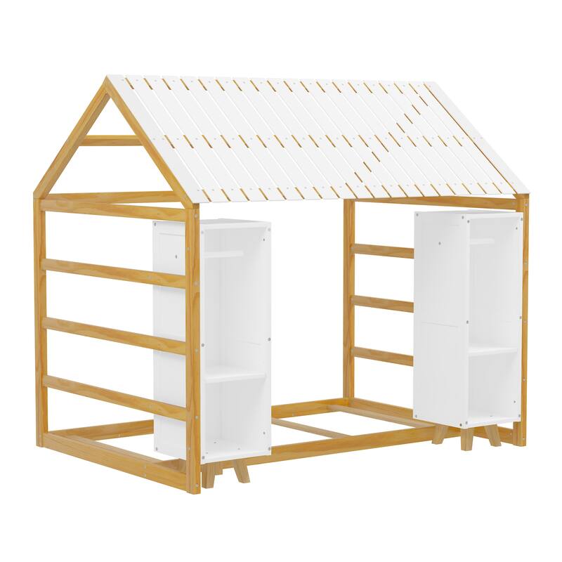 Wooden Twin Size House Bed with Fence and Roof, Kids Floor Bed with Two Movable Wardrobes, Natural