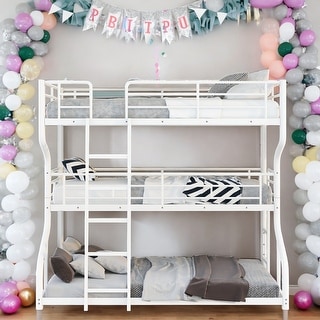 Modern Full XL Over Twin XL Over Queen Size Industrial Style Triple Bunk Bed With Long And Short Ladder