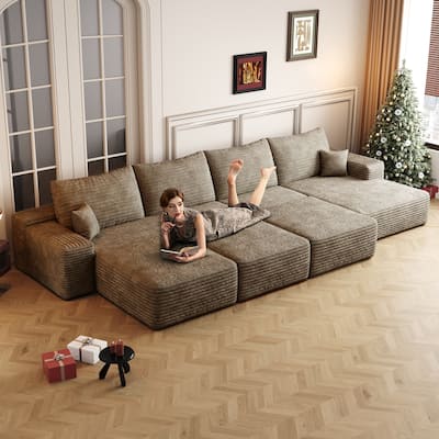 Oversized Modular Sleeper Sofa Bed Floor Standing Sectional Couch Corduroy Upholstered Compression Sofa with Chaise and Ottomans