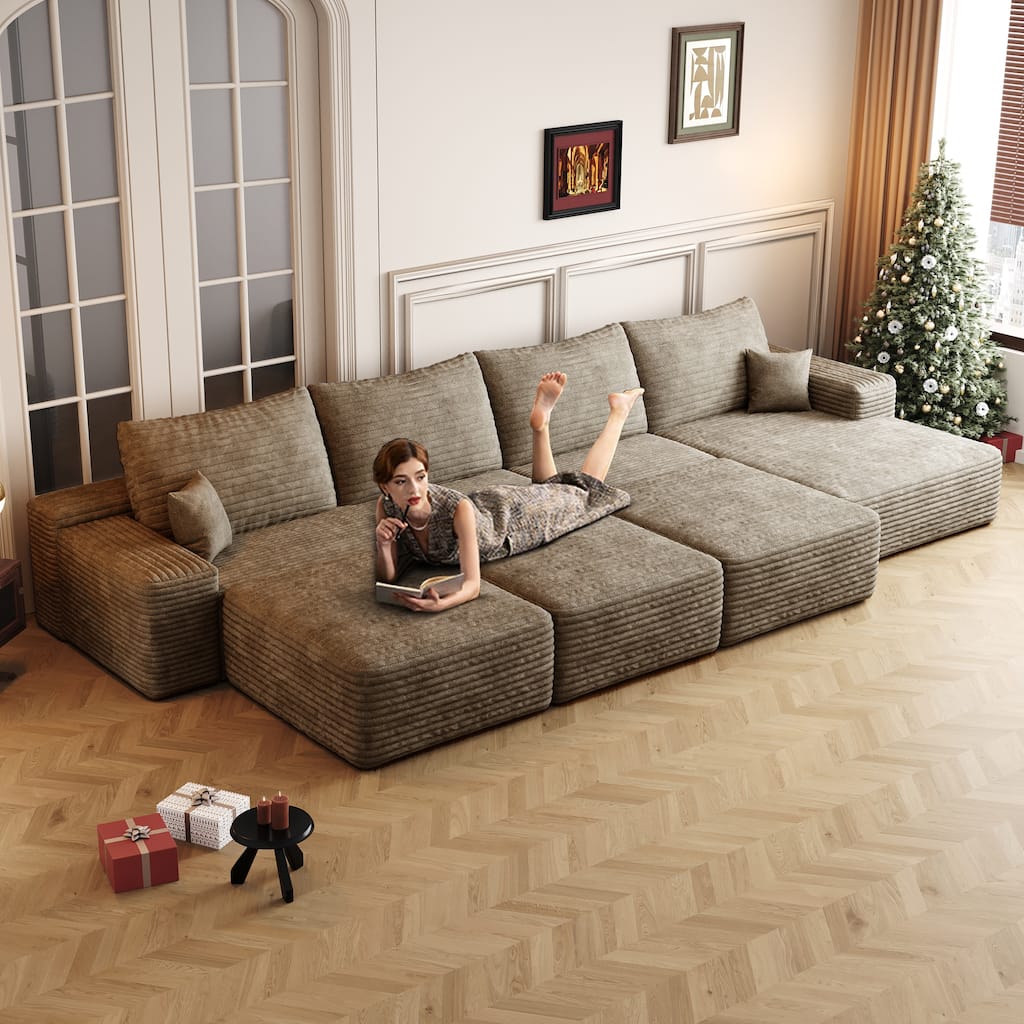 Oversized Modular Sleeper Sofa Bed Floor Standing Sectional Couch Corduroy Upholstered Compression Sofa with Chaise and Ottomans