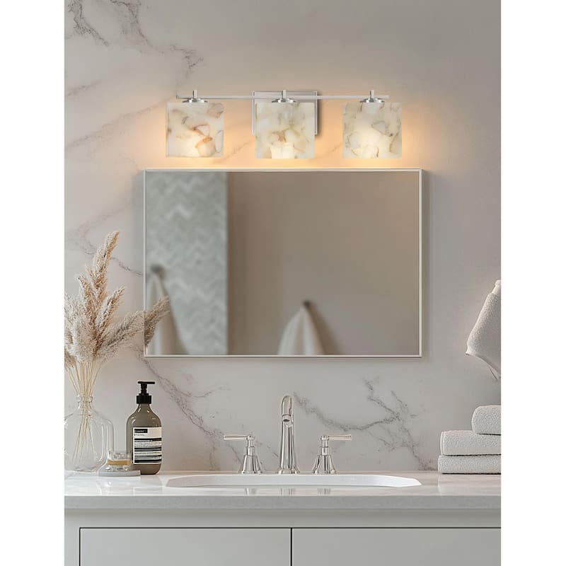 Alabaster Rocks! Era 3-Light Brushed Nickel Bath Bar, Alabaster Rocks Rectangle Shade - Brushed Nickel