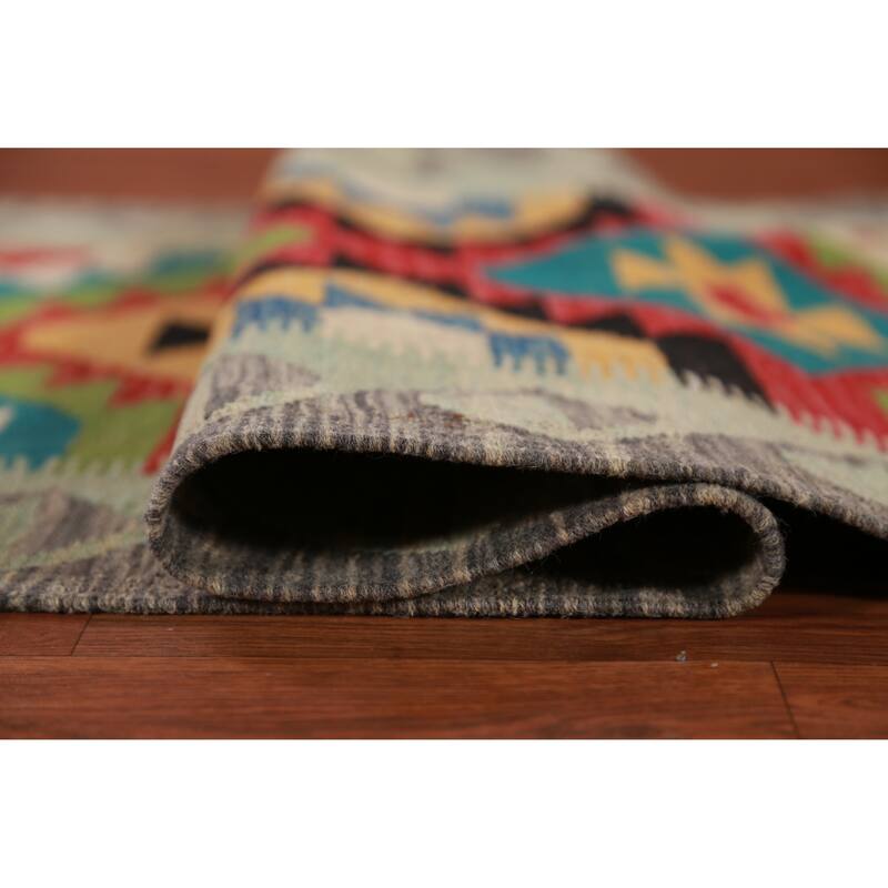 Hand Woven Oriental 100% Wool Carpet Southwestern All-Over Multi-Colored Kilim Runner Rug - 12' 10'' X 2' 7''
