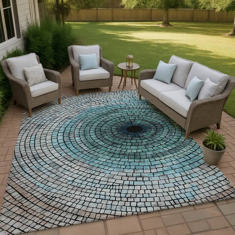 Machine Washable Indoor/ Outdoor Mosaic Rome Chantille Rug - Teal - 10' x 14'
