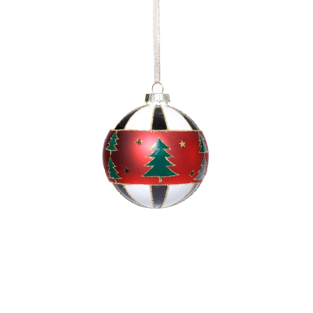 Tree Motif Glass Ball Christmas Ornaments, Set of 6, 3.25"