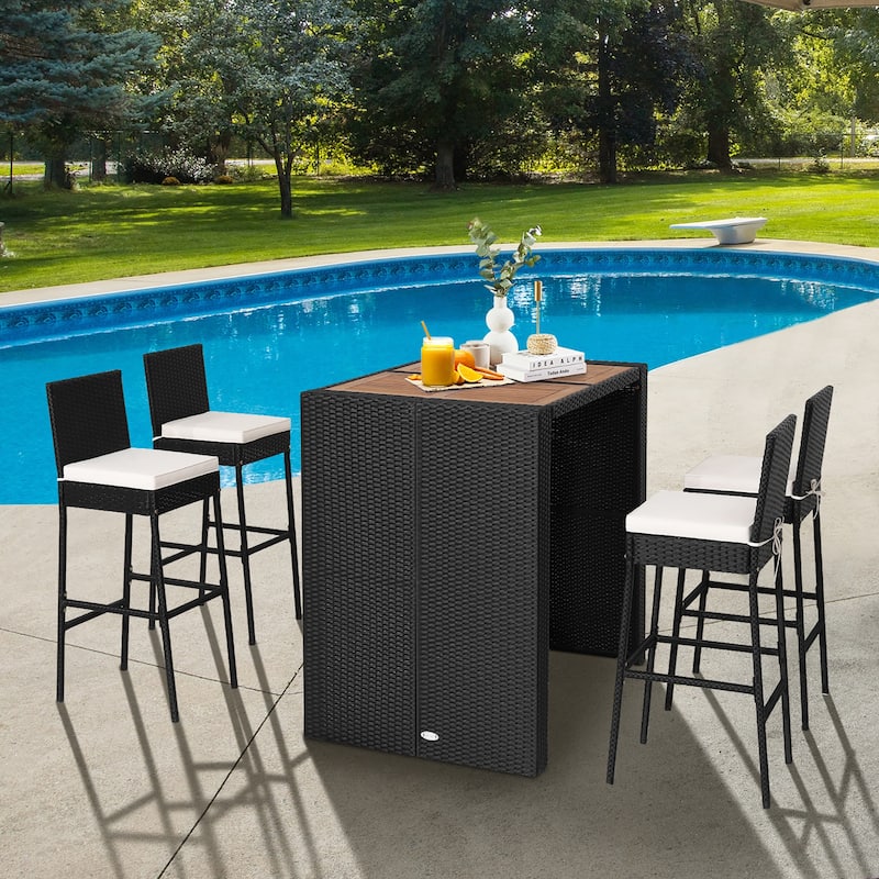 Costway 5-Piece Patio PE Wicker Bar Set Outdoor Acacia Wood Dining - See Details - Off White - See Details
