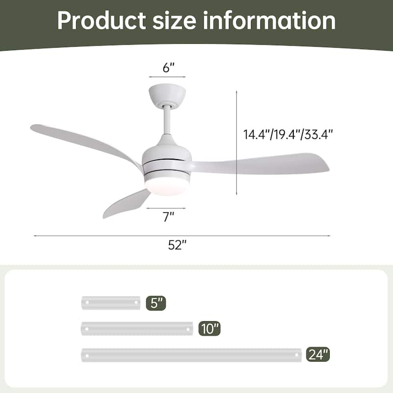52-Inch Ceiling Fan With 3 ABS Blades,Remote Control,Reversible DC Motor,3 Downrods(5/10/24-Inch) Available,LED Dimmable