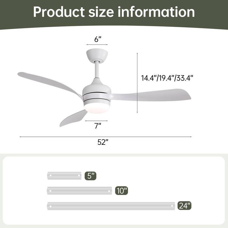 52-Inch Ceiling Fan With 3 ABS blades,Remote Control,Reversible DC Motor,Noiseless,3 Downrods Available,LED Dimmable