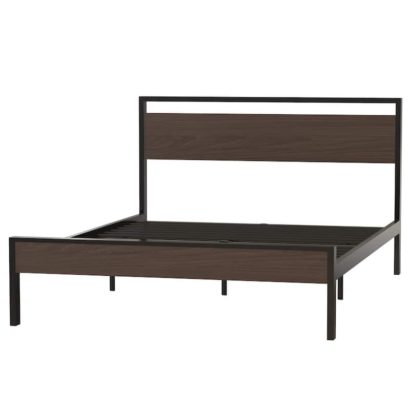 Christopher Knight Home - Ceres Industrial Black Metal Queen Bed with Walnut Wood Headboard & Footboard, No Box Spring Needed