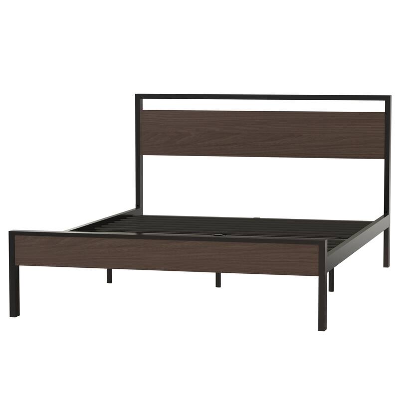 Metal Bed, Black with Walnut Wood Headboard&Footboard, Queen