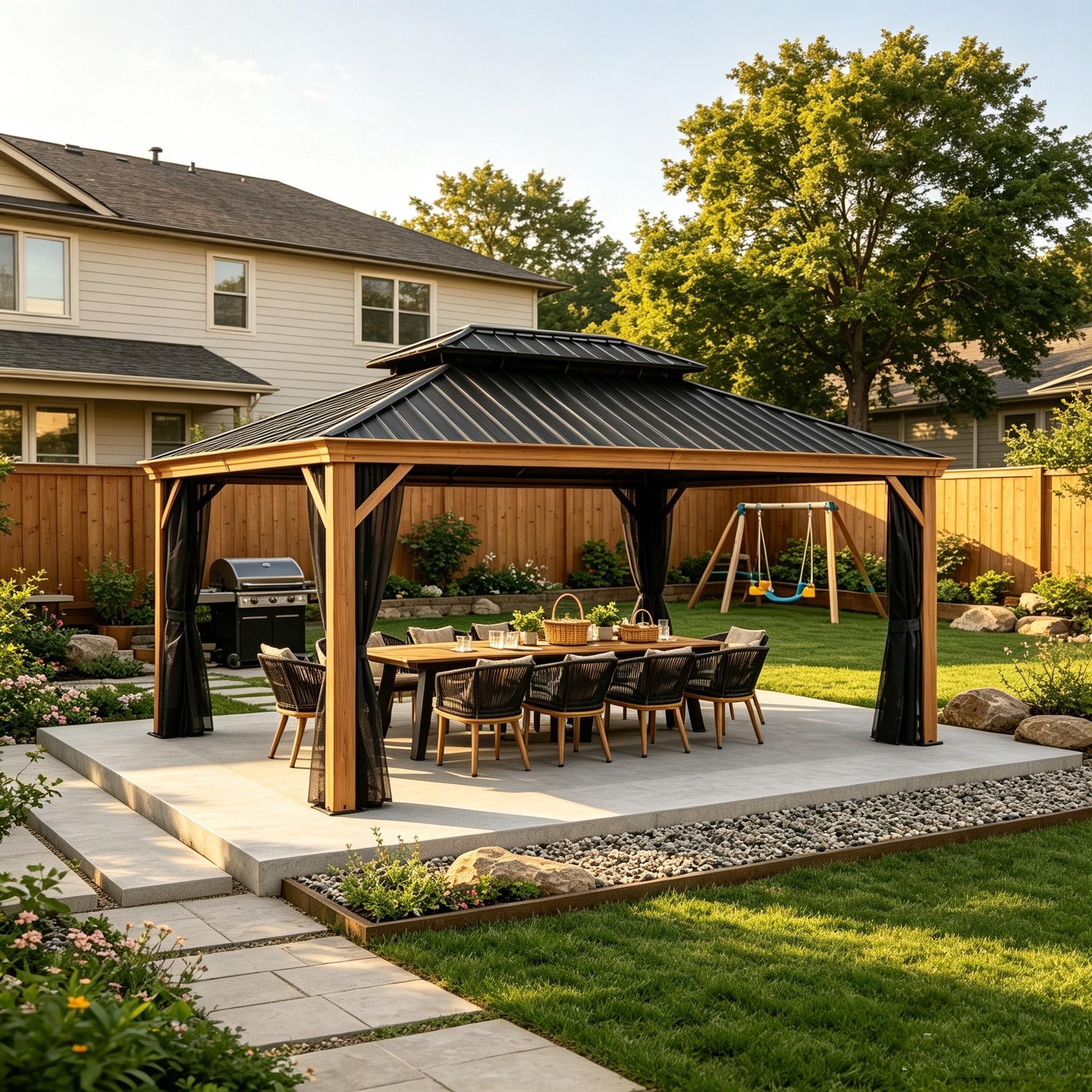 PURPLE LEAF Hardtop Gazebo Galvanized Steel Roof Gazebo Pergola w Wooden Coated Alumninum Frame and Mosquito Net