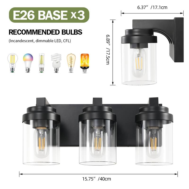 3 Light Bathroom Vanity Light, Matte Black Bathroom Light Fixtures with Clear Glass Shade, Vanity Light Fixtures Over Mirror