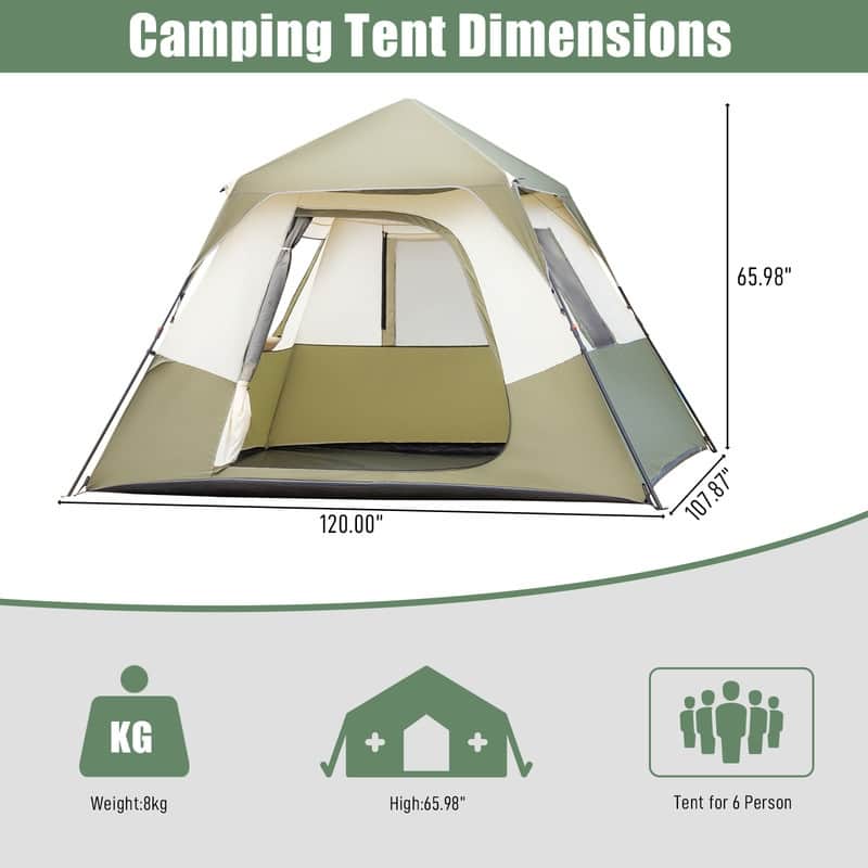 6 Person Beige Green Family Camping Tent - 6 person