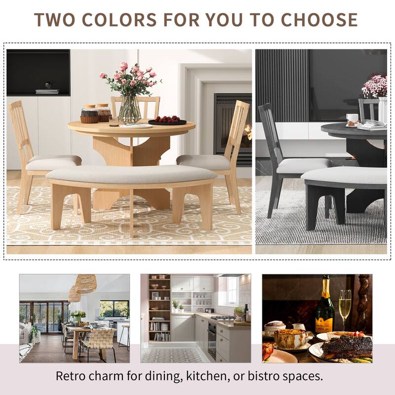 5-piece Round Dining Table Set with 3 Upholstered Chairs, Kitchen Table Set with Curved Bench for Dining Room