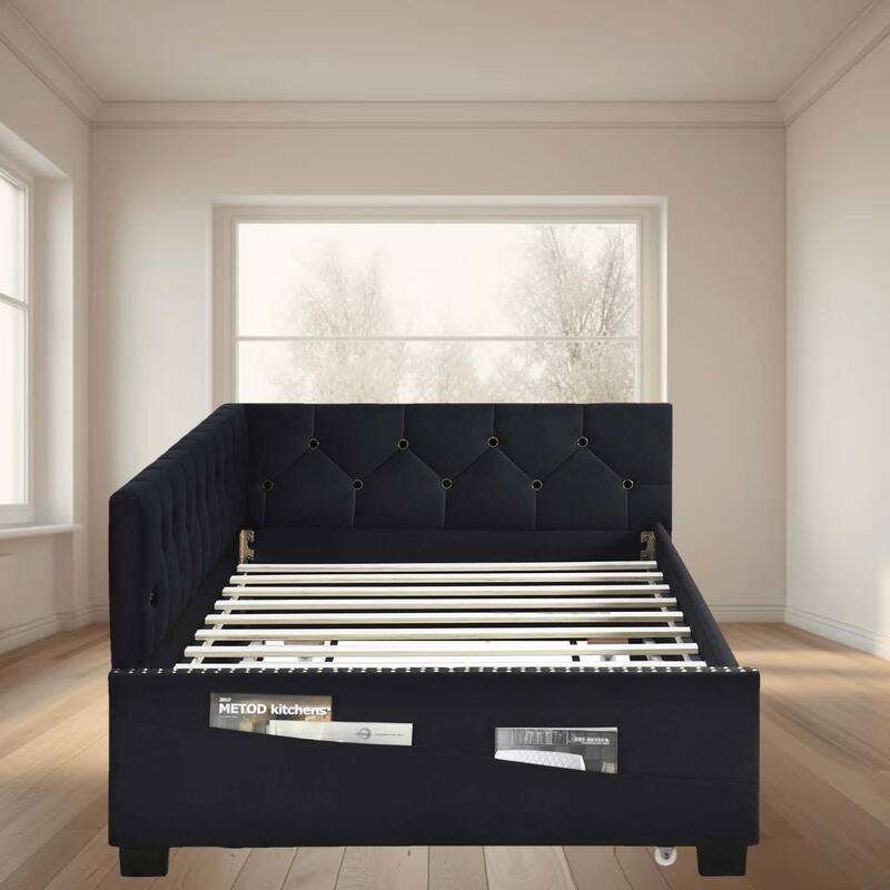 Upholstered Twin Daybed with Trundle, Velvet Fabric, Nailhead Trim, No Box Spring Required, Perfect for Guest Room or Bedroom - Black - Twin