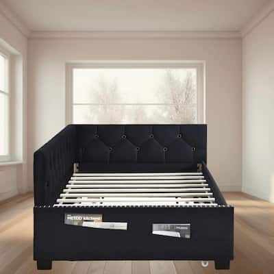 Upholstered Twin Daybed with Trundle, Velvet Fabric, Nailhead Trim, No Box Spring Required, Perfect for Guest Room or Bedroom