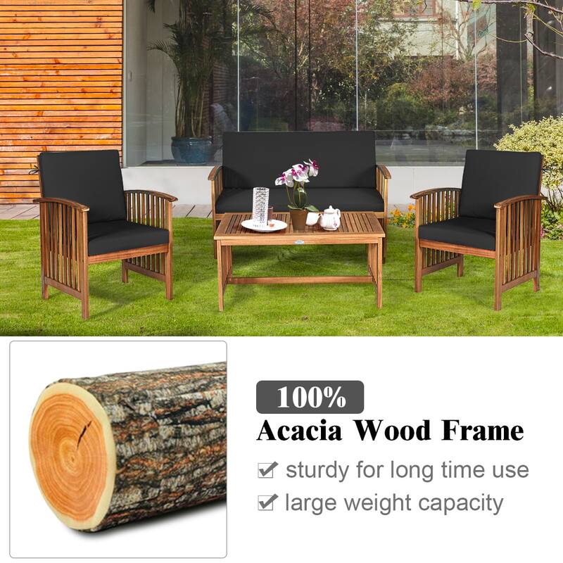 Costway 4PCS Patio Solid Wood Furniture Set Conversation Coffee Table - 4-Piece Sets