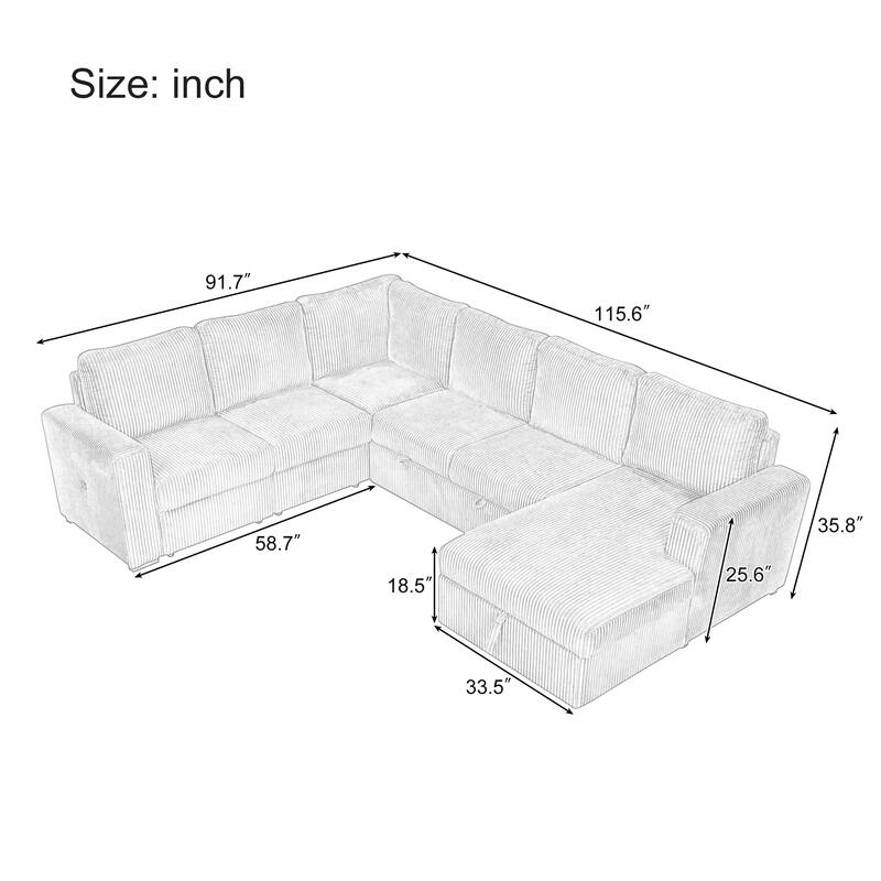 Convertible Sleeper Sofa with Pull Out Bed, 115.6" Oversized U Shaped Sectional Couch with USB Ports and Storage Chaise Lounge