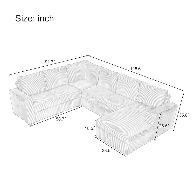 Merax U-shaped Corduroy Combination Corner Sofa with Storage Lounge Chair and USB Interfaces