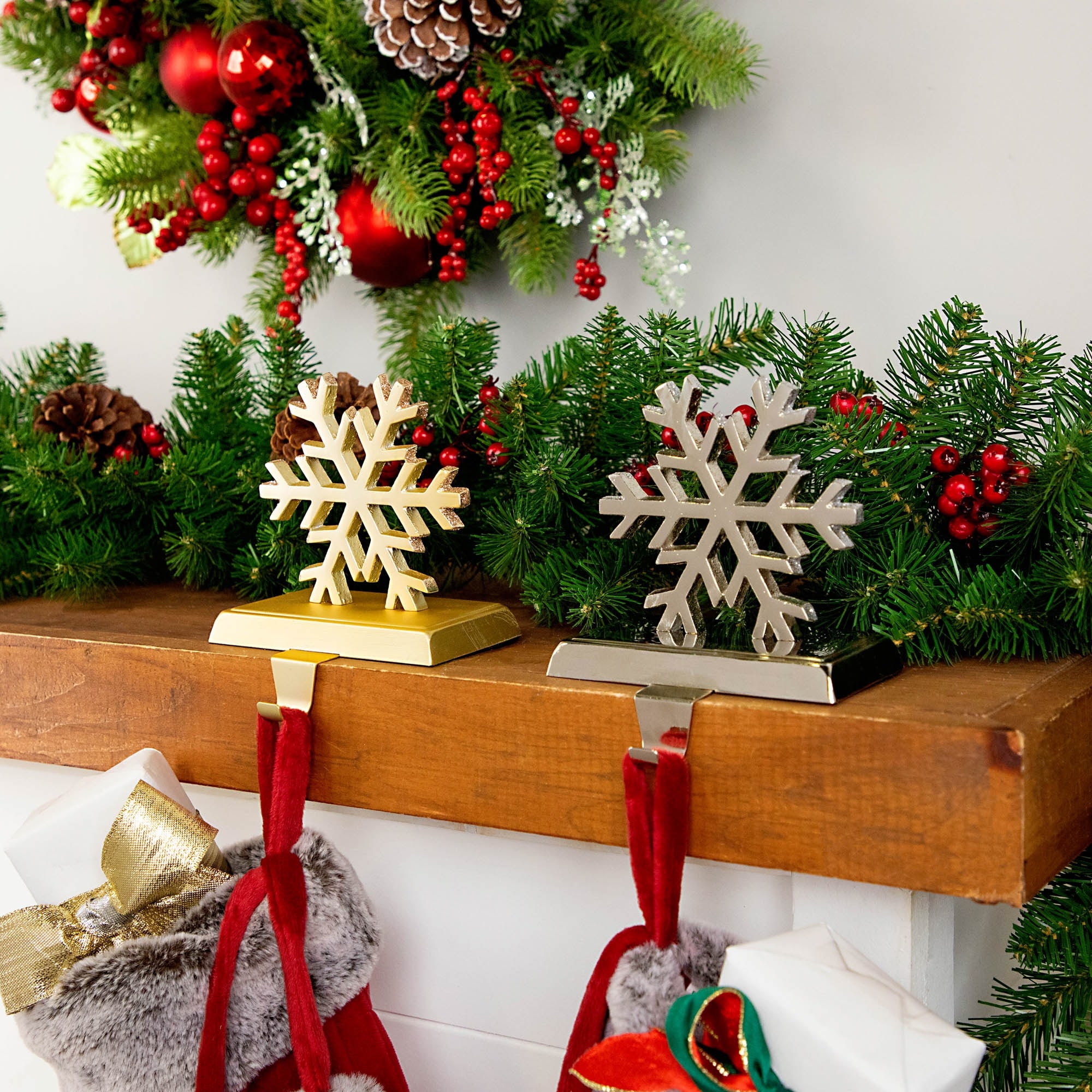 Shiny Snowflake Christmas Stocking Holders - 5" - Gold and Silver - Set of 2