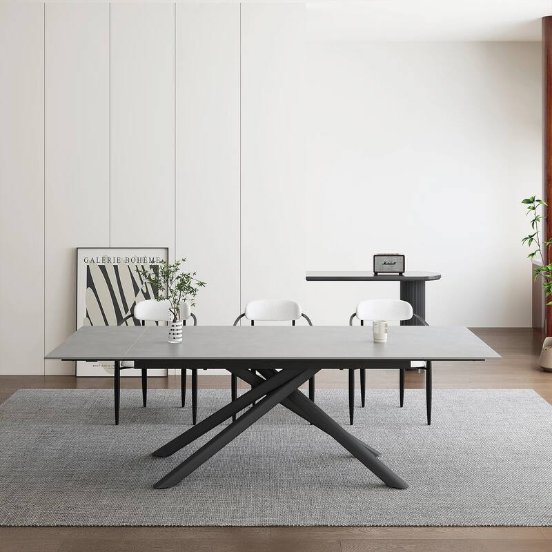 9 - Piece 102.36'' Extendable Rectangular Sintered Stone Dining Table with 8 Fabric Chairs Dining Set