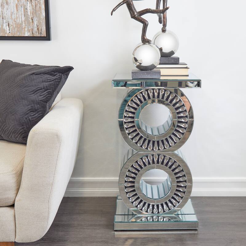 Silver Glass Mirrored Accent Table with Crystal Embellishment - Silver