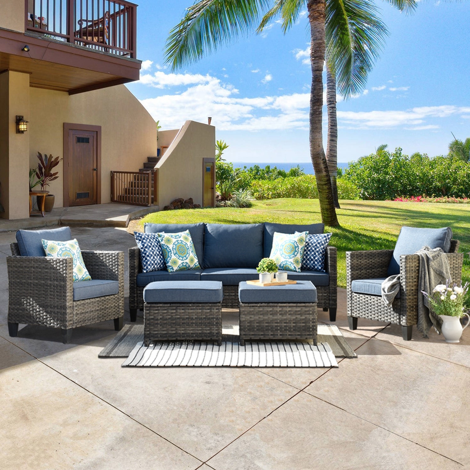Ovios 5-piece Outdoor High-back Wicker Patio Sectional Set