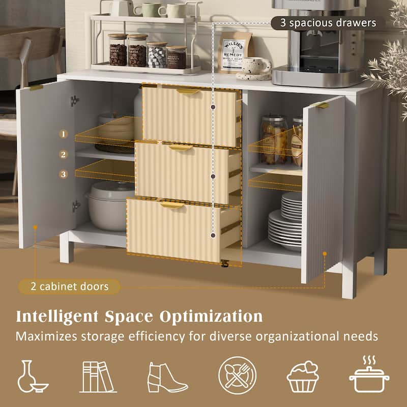 Roomfitters Modern Sideboard Buffet with Wave Design, 3 Drawers and Adjustable Shelves, Storage Cabinet with Gold Handles, White