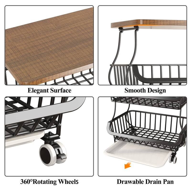 5 Tier Fruit Vegetable Basket for Kitchen with Wooden Tabletop, Storage Cart Vegetable Basket Bins for Onions and Potatoes