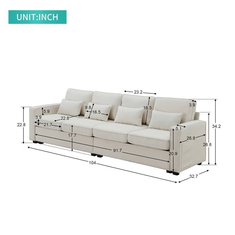 Spacious 4-Seater Linen Sofa with Armrest Storage Pockets, 104" Modern Couch with 4 Pillows for Home or Office