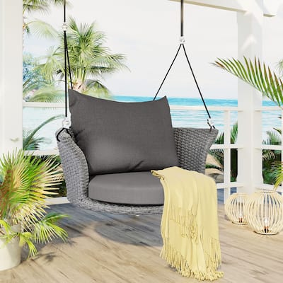 33.8" Single Person Hanging Seat, Rattan Woven Swing Chair, Porch Swing with Ropes, Wicker and Cushion For Garden, Yard, Lawn