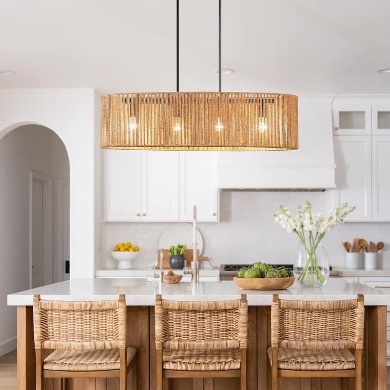 Lavery 4-Light Rattan Kitchen Island Chandelier with Black Hardware - 36'' W