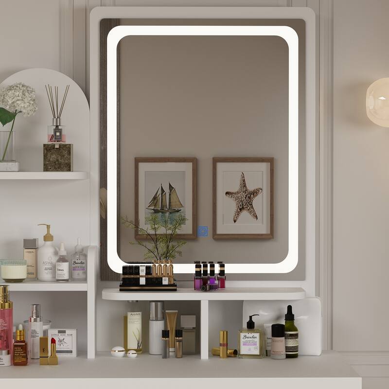 Vanity Desk with LED Lighted Mirror, Makeup Vanity Table with Drawers, Shelves and Stool