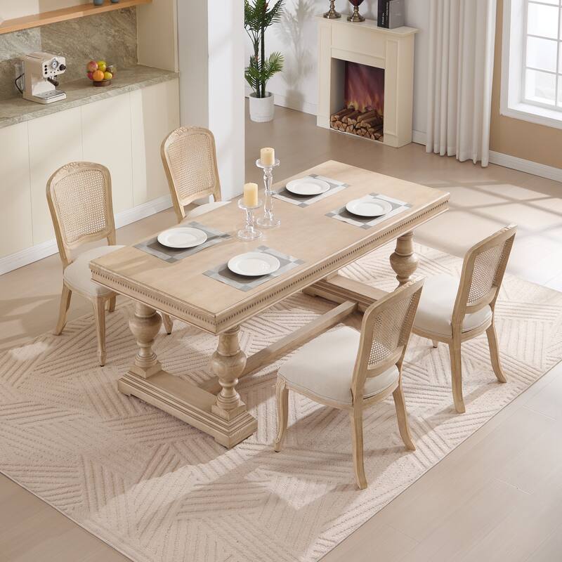 French Country Dining Chairs Set of 2, Upholstered Chairs with Nature Rattan Fan-shaped Back