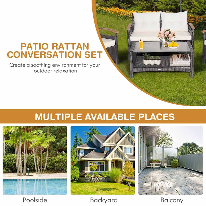 Costway 4PCS Patio Rattan Furniture Set Cushioned Sofa Storage Table