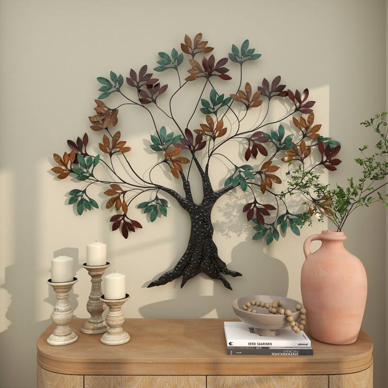 Multi Colored Metal Tree Home Wall Decor with Leaf Detail