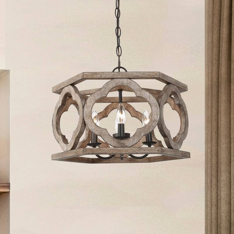 Clovy Modern Farmhouse 4-Light Wood Drum Lantern Chandelier for Dining Room - D 18" x H 12.5"