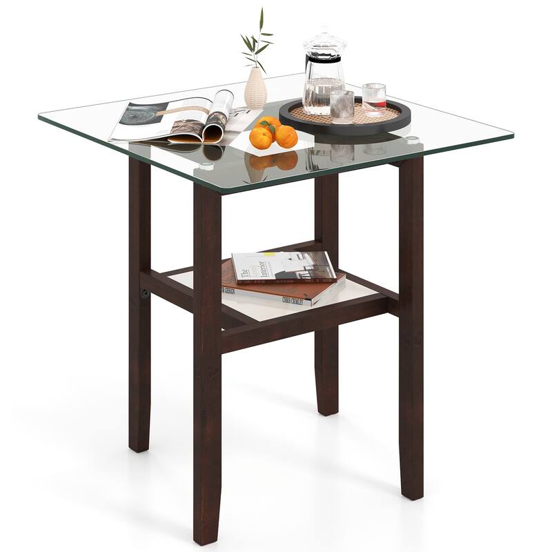Gymax 24'' Square Glass Side Table w/Storage Shelf & Rubber Wood Frame - Brown - Glass