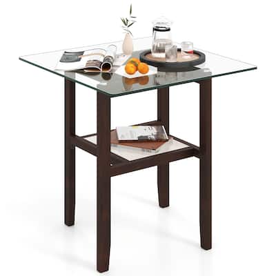Gymax 24'' Square Glass Side Table w/Storage Shelf & Rubber Wood Frame