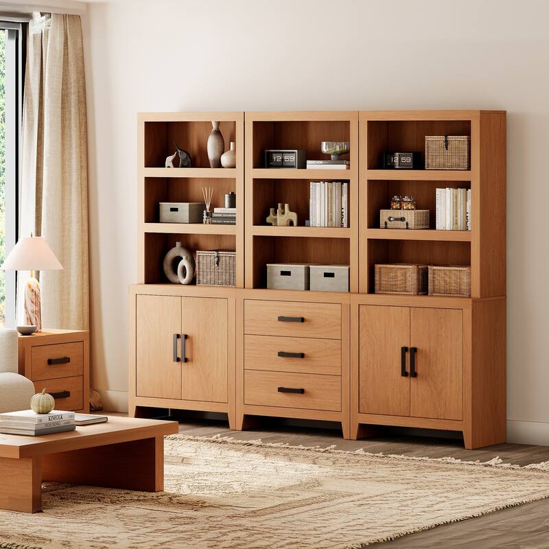 WAMPAT 74" 3-Piece Tall Bookshelf, Farmhouse Bookcase with Doors & Drawers for Living Room & Office - Mocha