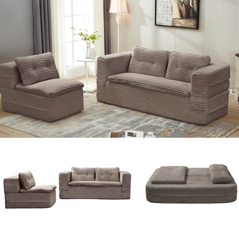 Sleeper Sofa with Chaise Lounge, Convertible Sectional Couch Bed, Corduroy 3-Seat Sofa, Folding Boneless Couch - Coffee