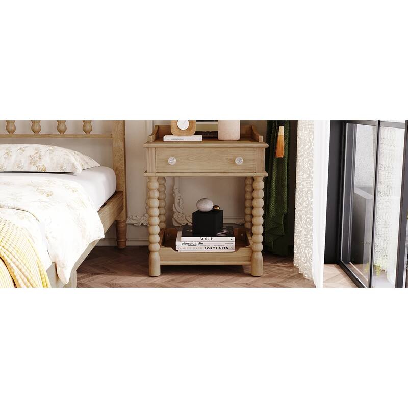 Vintage Wood Nightstand with Drawer and Open Shelf, Turned Legs for Bedroom Living Room