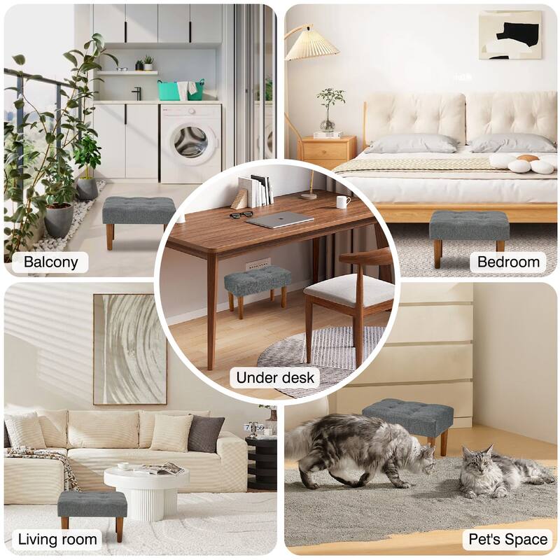 Javlergo Set of 1 or 2 Linen Ottoman Foot Rest with Wooden Legs Tufted Rectangle Upholstered Footstool for Couch Living Room