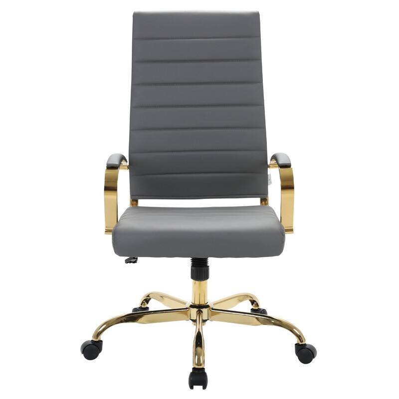 Benmar High-Back Leather Office Desk Chair in Brushed Gold Steel Frame Cushion Padded Armrests Tilt Lock Swivel Ergonomic Chair
