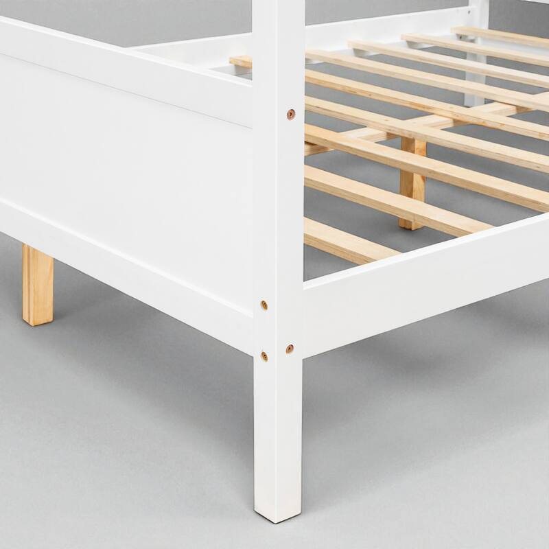 Queen Size Wooden Canopy Platform Bed with Headboard and Footboard, Slat Support, Underbed Storage