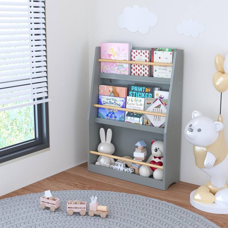 Anmytek 3-Tier Kids Wall Bookshelf with Slanted Front & Guardrails, Pastel Finish Wooden Display for Bedroom