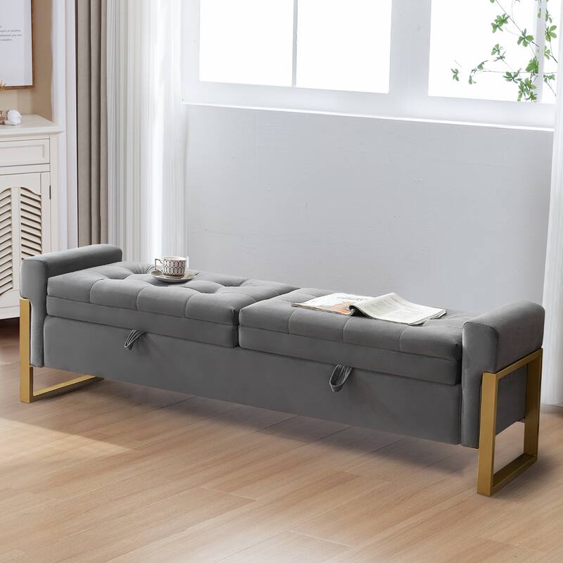 66" Storage Bench for Bedroom End of Bed with Double Lids and Gold Legs