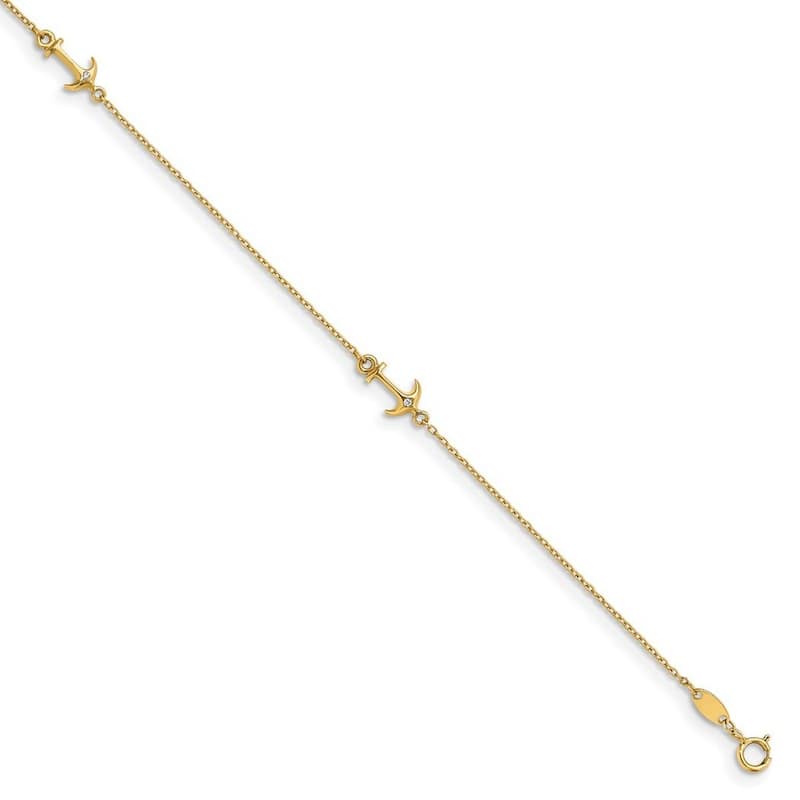 Curata Women's Italian 14k Yellow Gold Cubic Zirconia Polished Anchor Anklet - 9 +1 Inch